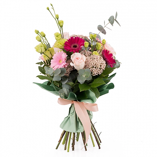 Buchet de 7, Trandafiri, Peach, 3, Gerbera, Mov, 2, Gerbera, Roz, 3, Floare de orez, 2, Lisianthus